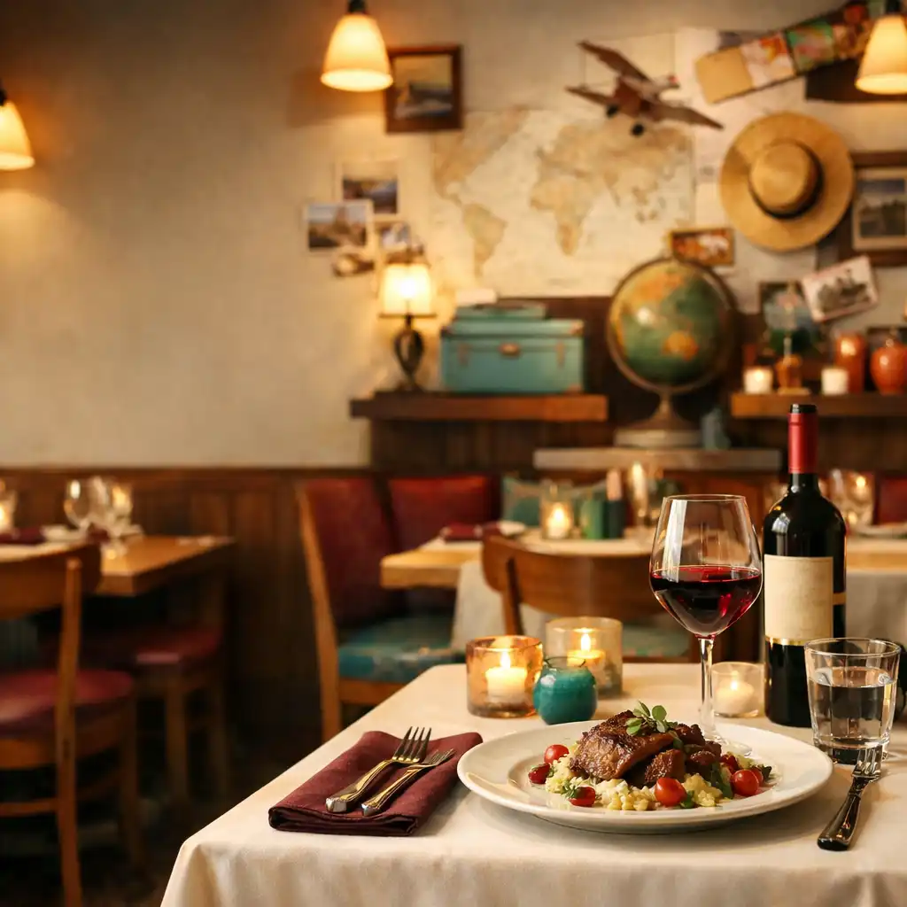 Interiér restaurace Chuťová Destinace s teplým dřevěným nábytkem a prostřeným stolem