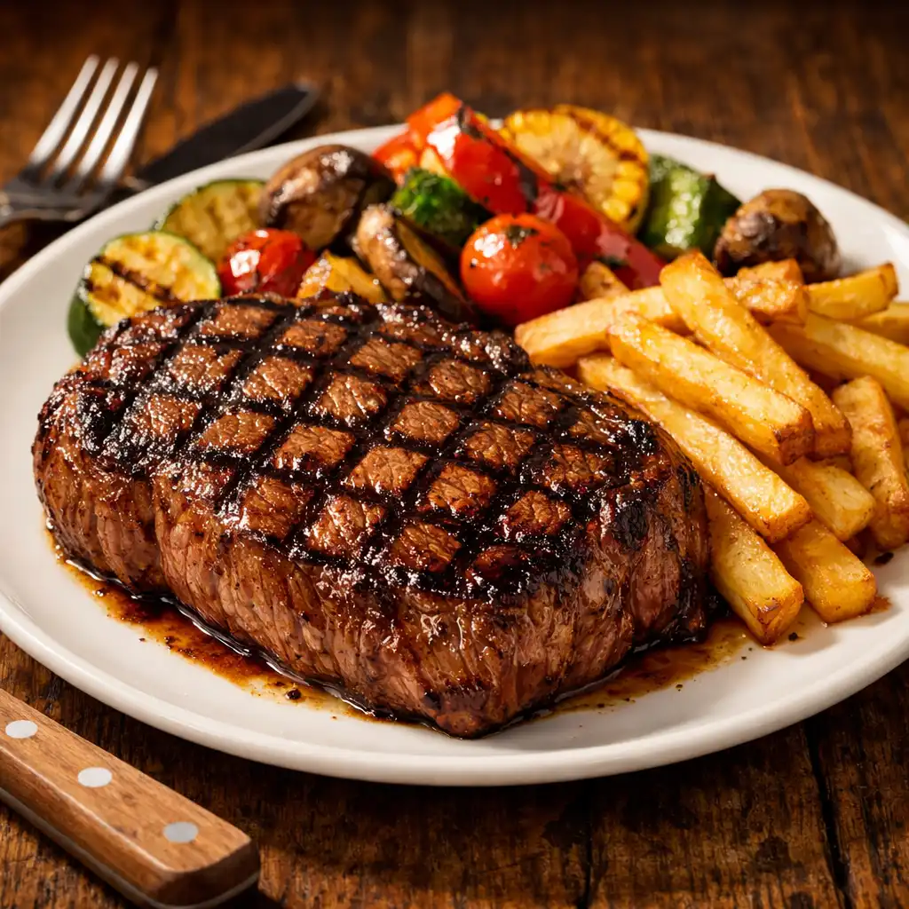 Šťavnatý hovězí steak s grilovacími pruhy podávaný s hranolky a grilovanou zeleninou