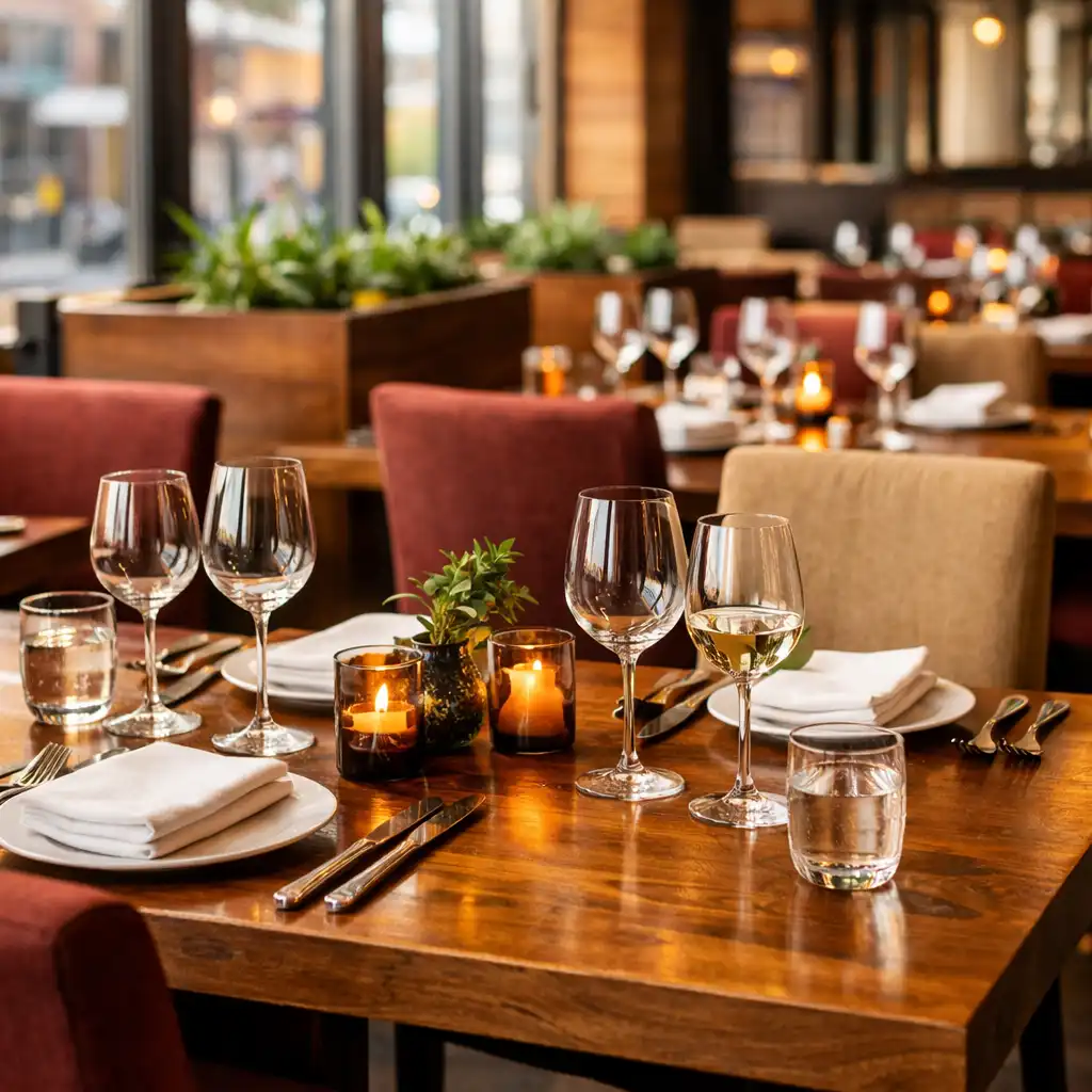 Hlavní jídelna restaurace Chuťová Destinace s dřevěnými stoly a velkými okny