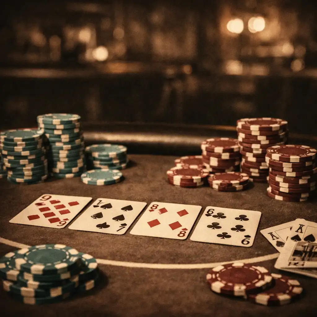 Pokerový stůl v Poker Room restaurace Chuťová Destinace s kartami a žetony