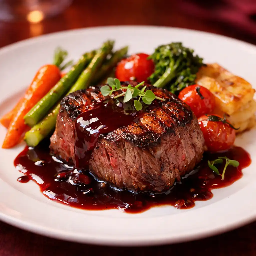 Detailně naservírovaný hovězí steak s omáčkou a zeleninou na bílém talíři