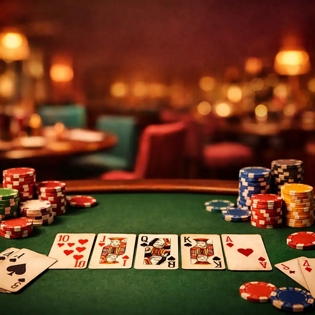 Pokerový stůl s kartami a žetony v teplém osvětlení restaurace Chuťová Destinace