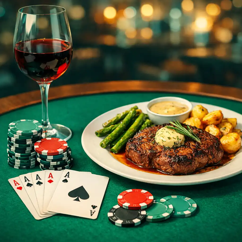 Pokerové karty, žetony a talíř s jídlem na stole v restauraci Chuťová Destinace