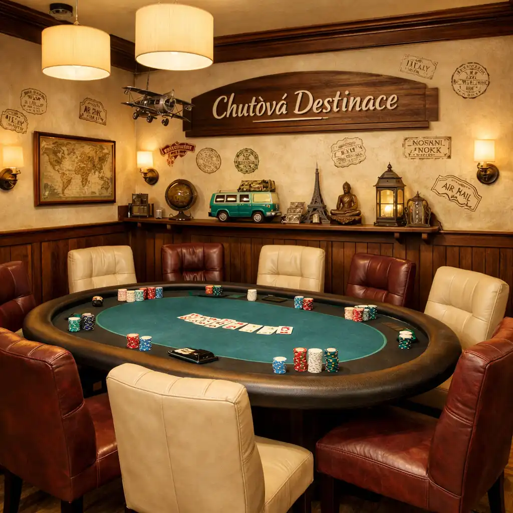 Interiér Poker Room s dřevěnými prvky a koženými židlemi