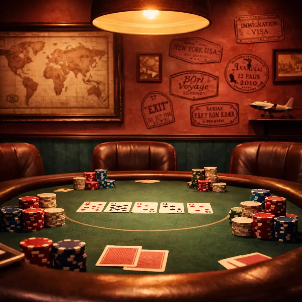 Interiér Poker Room s pokerovým stolem, židlemi a dekoracemi v teplem osvětlení