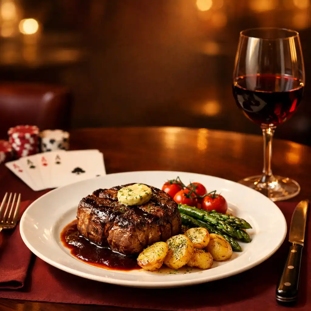 Elegantně naservírovaný steak s přílohou a sklenicí vína u pokerového stolu