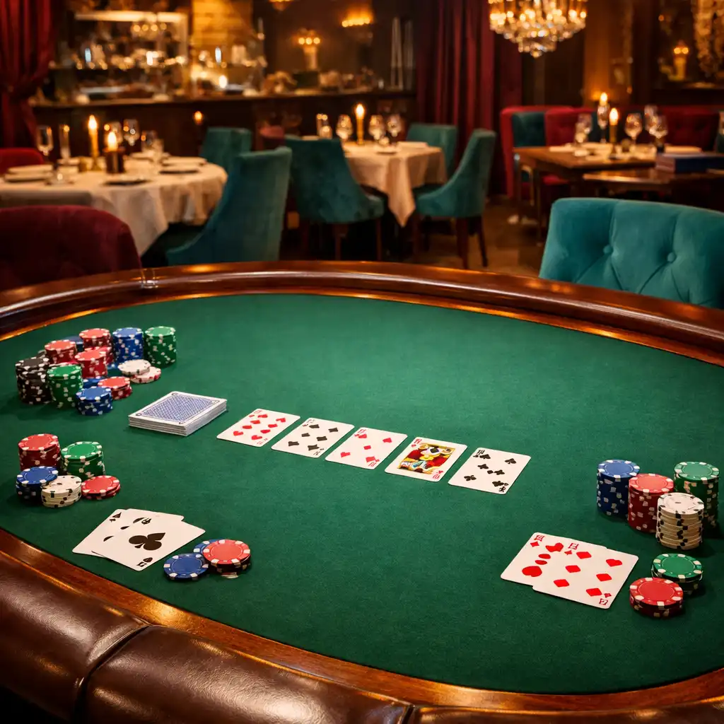 Profesionální pokerový stůl s žetony a kartami v restauraci