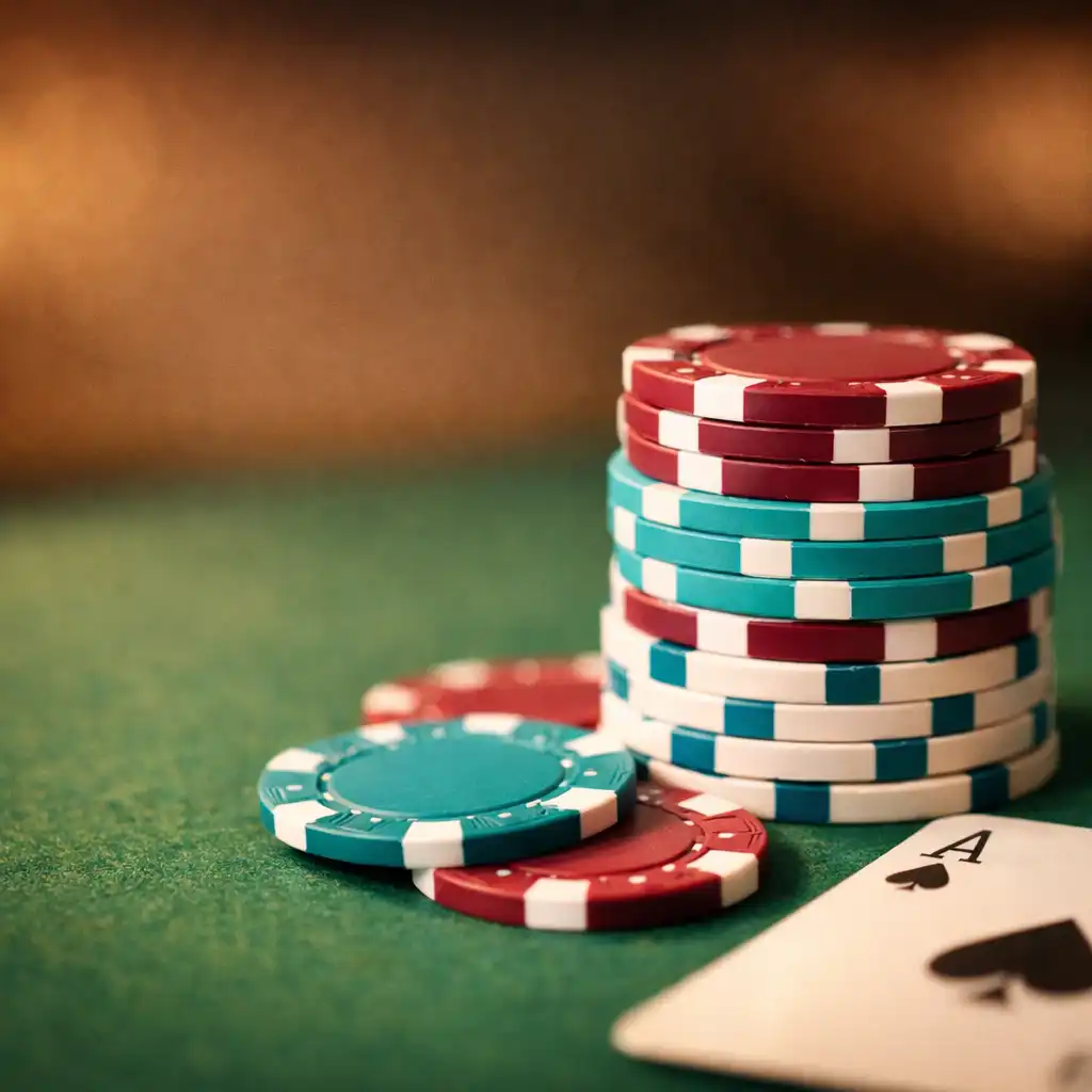 Hromádka barevných pokerových žetonů na stole