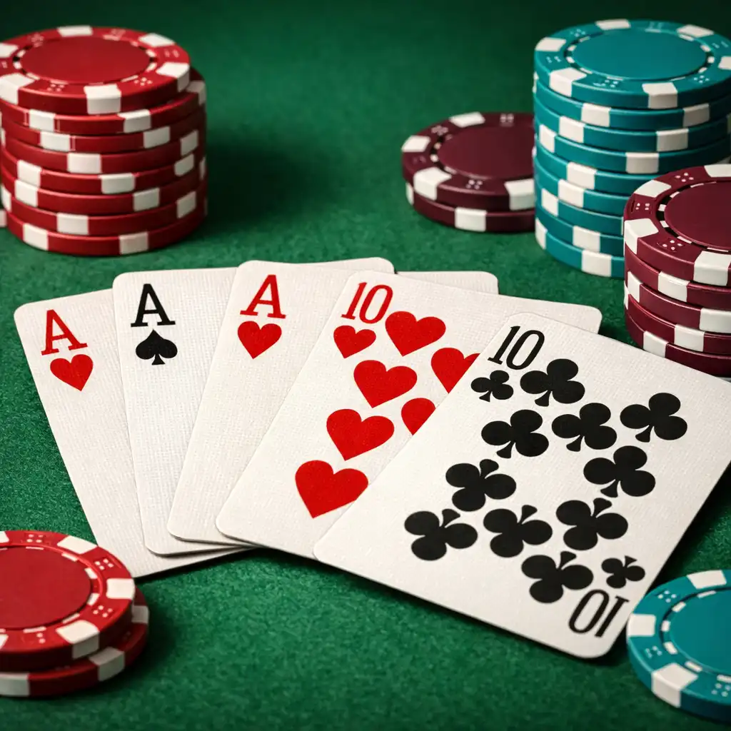 Detail pokerového stolu s kartami a žetony