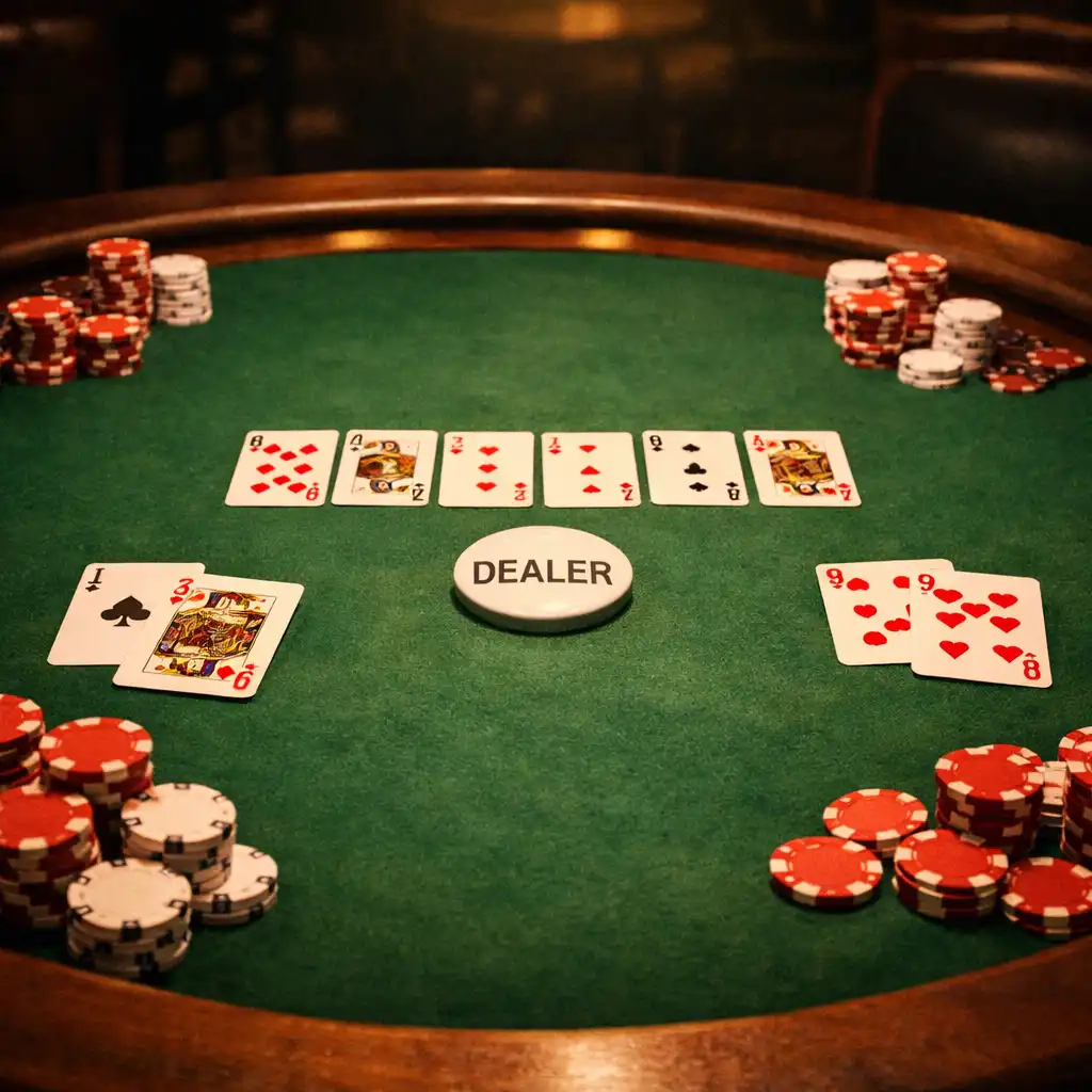 Profesionální pokerový stůl s kartami a žetony v Poker Room restaurace