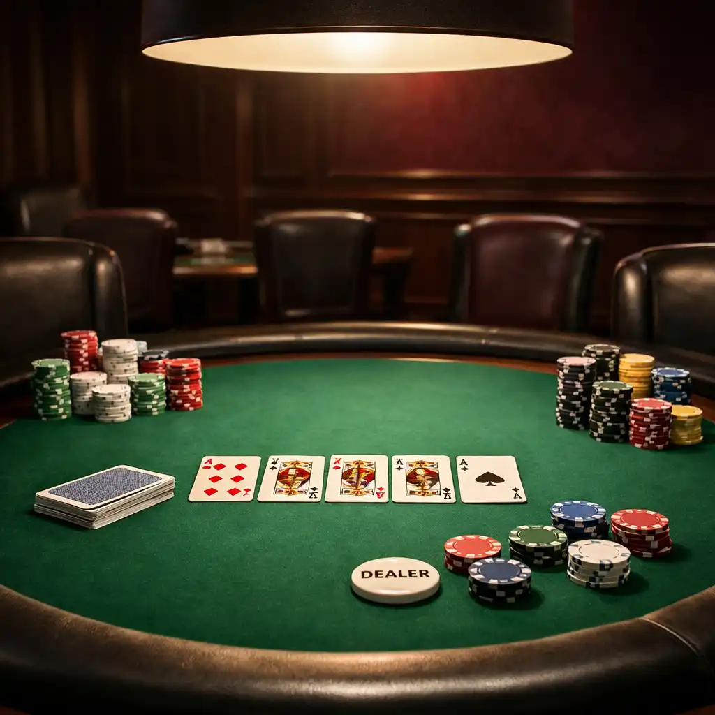 Profesionální pokerový stůl se zeleným plátnem, žetony a kartami pod stropní lampou