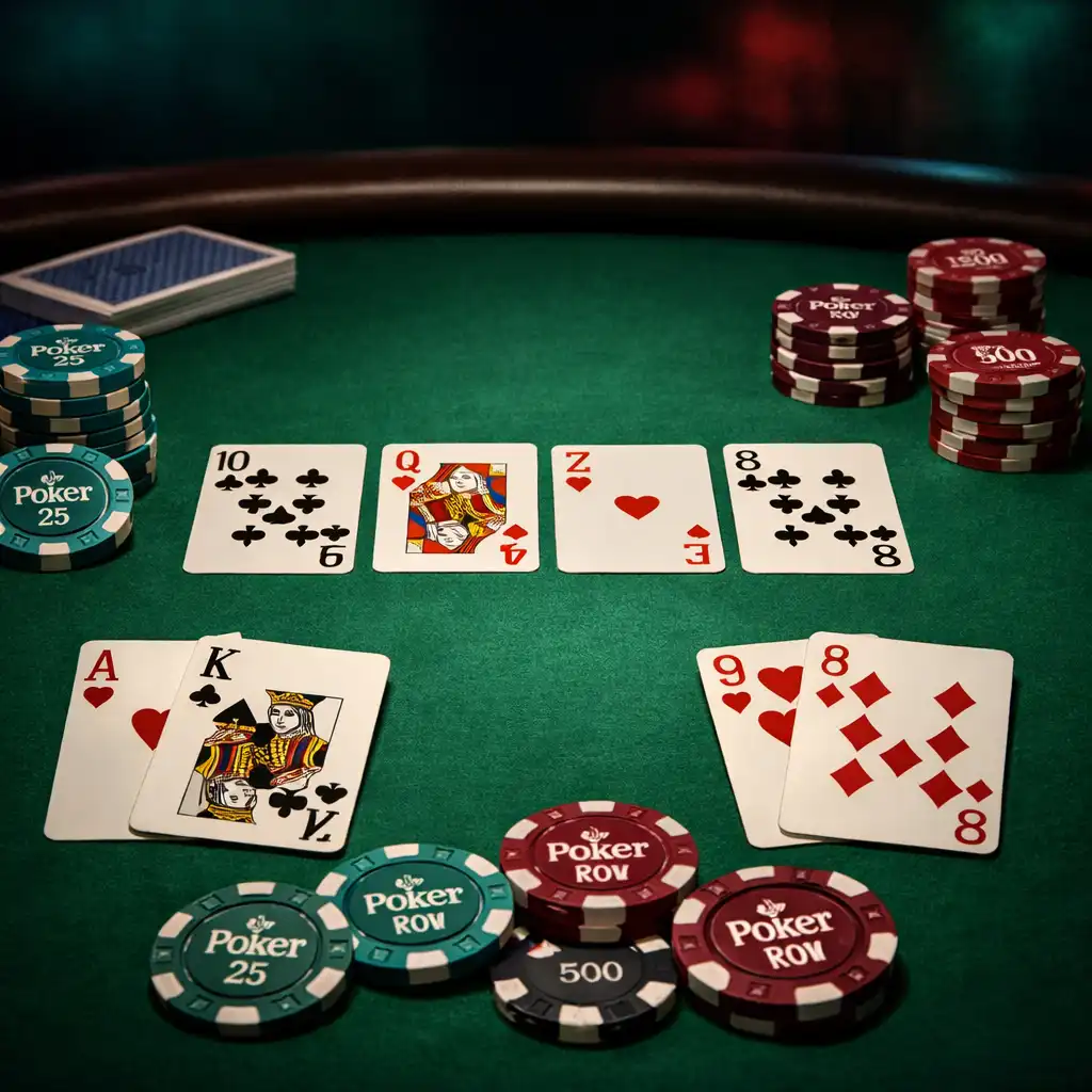 Pokerový stůl s rozdanými kartami a keramickými žetony v Poker Room
