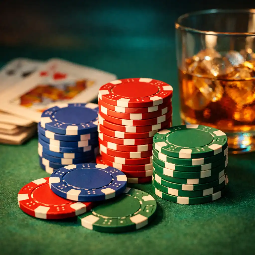Hromádka pokerových žetonů různých barev na zeleném plátně stolu s kartami a sklenicí