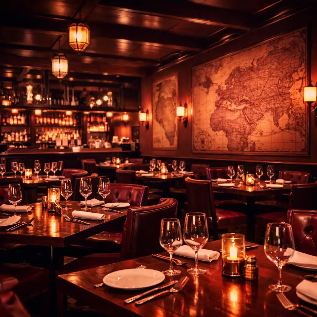 Elegantní interiér restaurace Chuťová Destinace s tmavým dřevem, koženými sedadly a teplým osvětlením