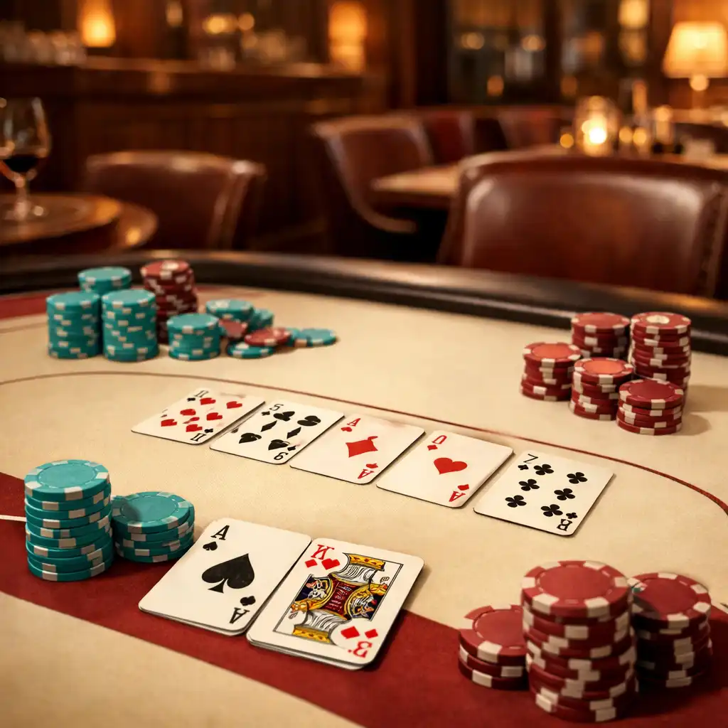Pokerový stůl s kartami a žetony v restauraci Chuťová Destinace